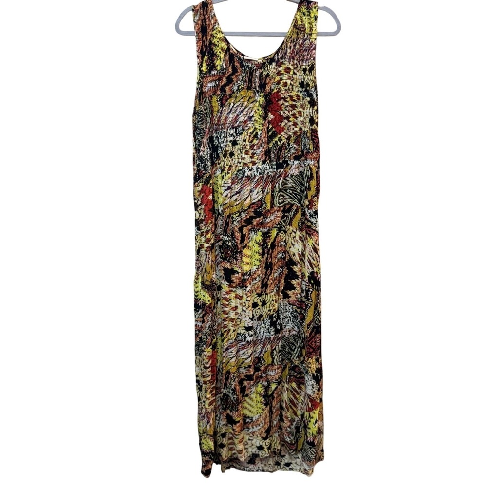 Kim Rogers Abstract Tribal Print Maxi Dress Womens Large Multicolor Good Smocked